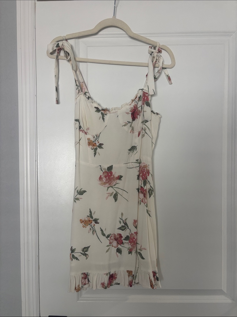 Cream Floral Tie-Shoulder Mini Dress